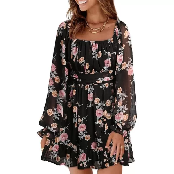 Dokotoo Womens Summer Dresses Square Neck Lantern Sleeve Tie Backless Ruffle A-Line Casual Dress