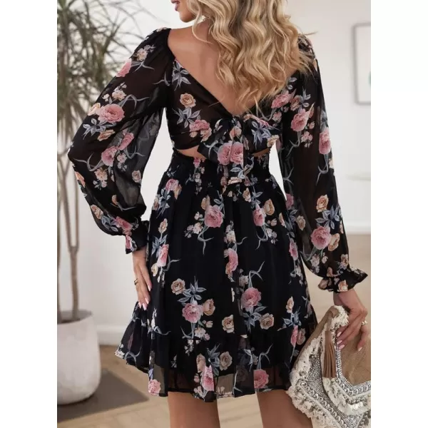 Dokotoo Womens Summer Dresses Square Neck Lantern Sleeve Tie Backless Ruffle A-Line Casual Dress