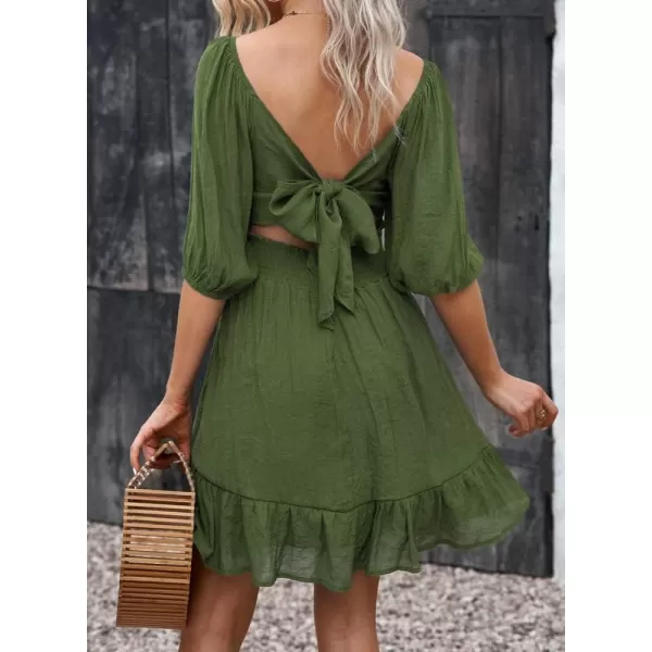 Dokotoo Womens Summer Dresses Square Neck Lantern Sleeve Tie Backless Ruffle A-Line Casual Dress