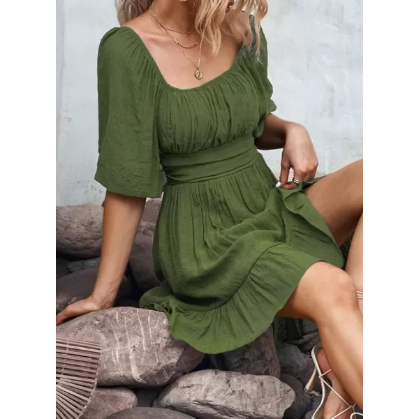 Dokotoo Womens Summer Dresses Square Neck Lantern Sleeve Tie Backless Ruffle A-Line Casual Dress