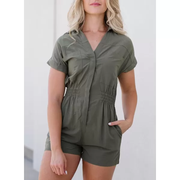 Dokotoo Women's Summer Short Trooper Rompers Button Down Elastic Waist One Piece Jumpsuits with Pocket