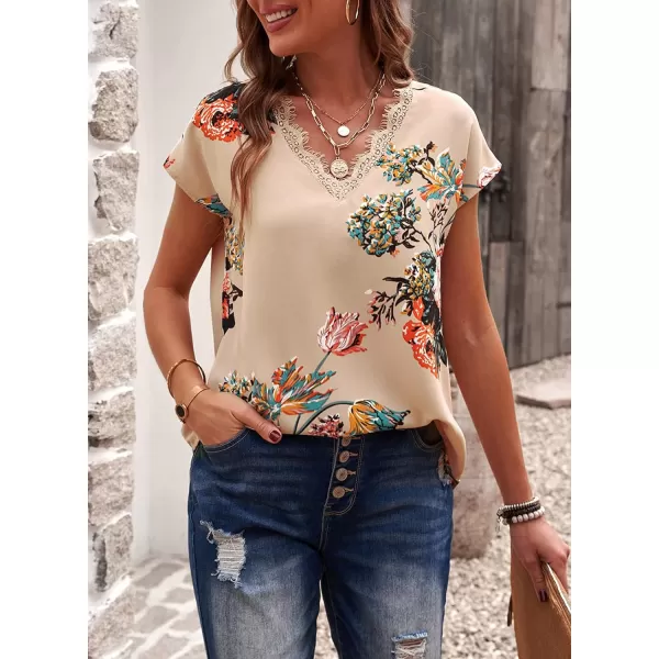 Dokotoo Women's V Neck Lace Trim Tops Casual Loose Short Sleeve Blouses Shirts