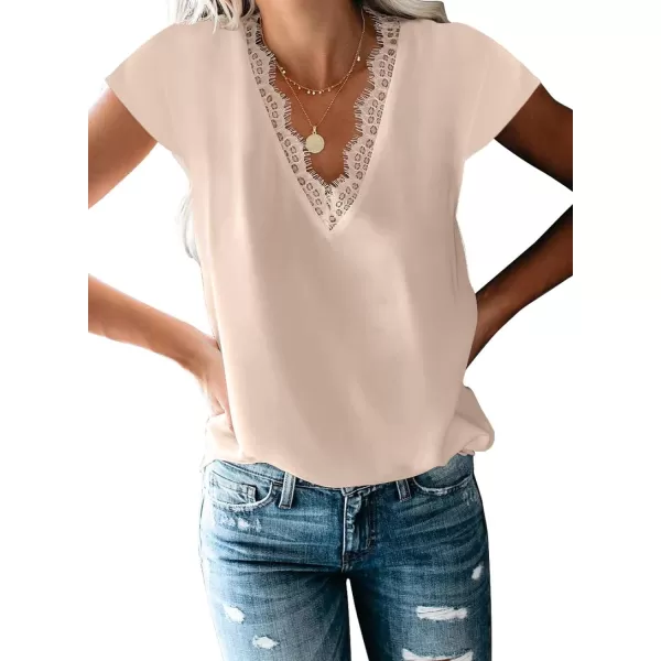 Dokotoo Women's V Neck Lace Trim Tops Casual Loose Short Sleeve Blouses Shirts