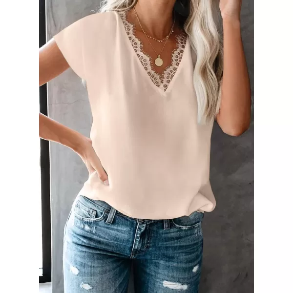 Dokotoo Women's V Neck Lace Trim Tops Casual Loose Short Sleeve Blouses Shirts