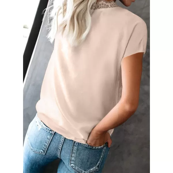 Dokotoo Women's V Neck Lace Trim Tops Casual Loose Short Sleeve Blouses Shirts