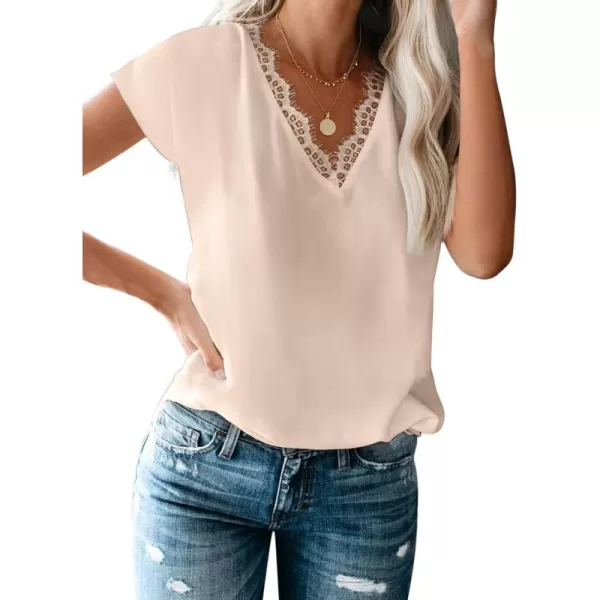 Dokotoo Women's V Neck Lace Trim Tops Casual Loose Short Sleeve Blouses Shirts