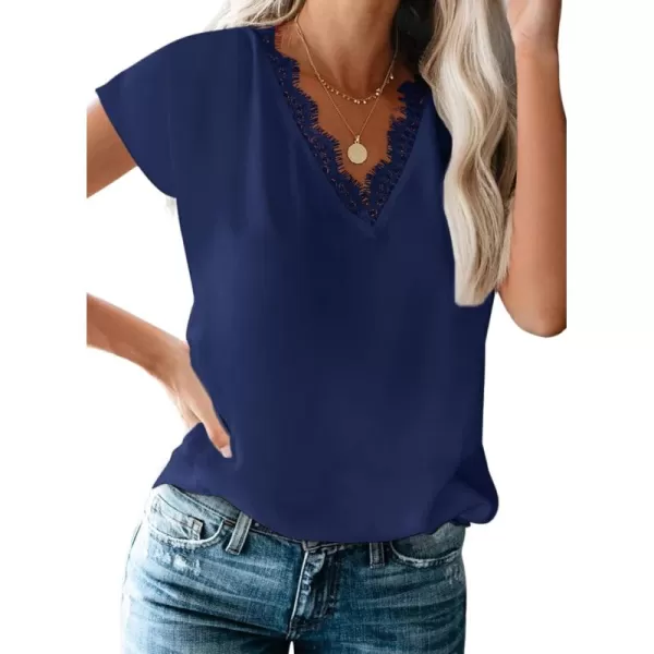 Dokotoo Women's V Neck Lace Trim Tops Casual Loose Short Sleeve Blouses Shirts
