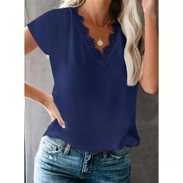 Dokotoo Women's V Neck Lace Trim Tops Casual Loose Short Sleeve Blouses Shirts