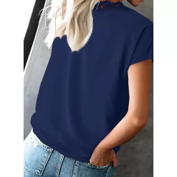 Dokotoo Women's V Neck Lace Trim Tops Casual Loose Short Sleeve Blouses Shirts