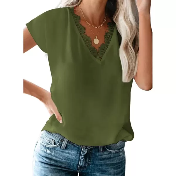 Dokotoo Women's V Neck Lace Trim Tops Casual Loose Short Sleeve Blouses Shirts