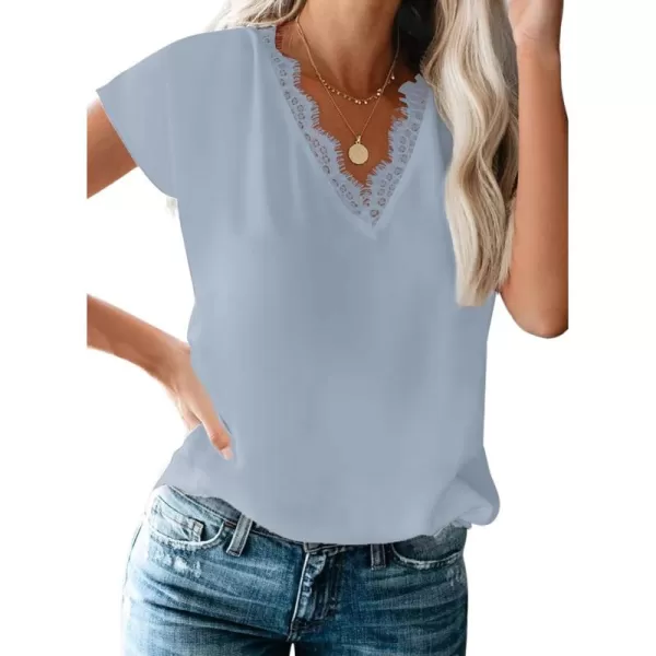 Dokotoo Women's V Neck Lace Trim Tops Casual Loose Short Sleeve Blouses Shirts