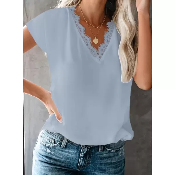 Dokotoo Women's V Neck Lace Trim Tops Casual Loose Short Sleeve Blouses Shirts