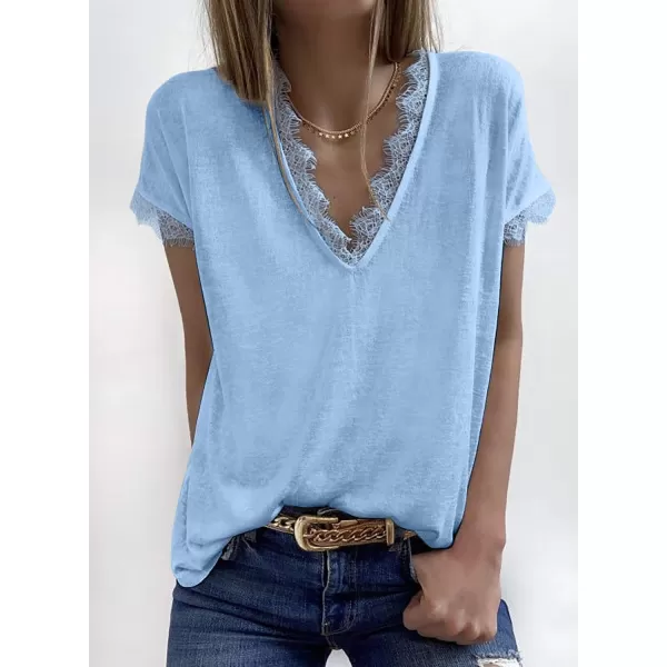 Dokotoo Women's V Neck Lace Trim Tops Casual Loose Short Sleeve Blouses Shirts