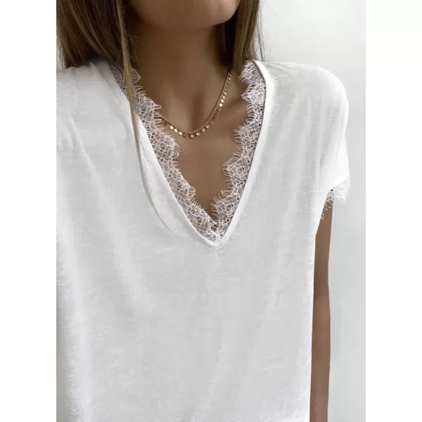 Dokotoo Women's V Neck Lace Trim Tops Casual Loose Short Sleeve Blouses Shirts
