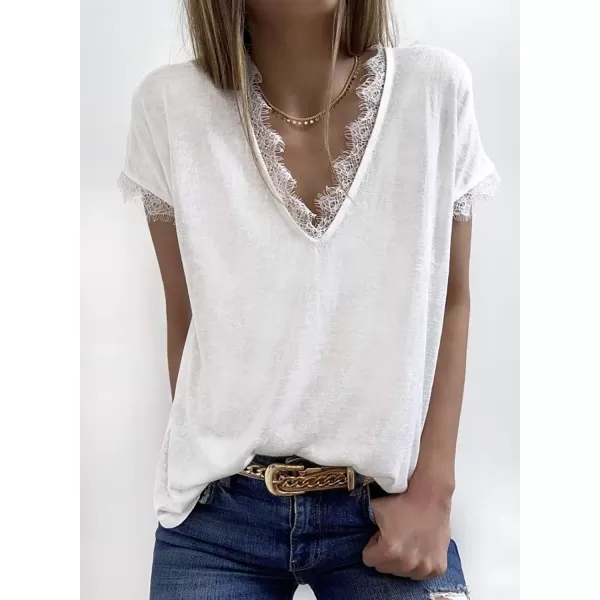 Dokotoo Women's V Neck Lace Trim Tops Casual Loose Short Sleeve Blouses Shirts
