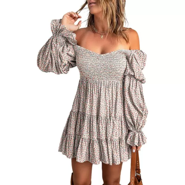 EVALESS Summer Dresses for Women 2022 Long Ruffle Sleeve V Neck Off Shoulder Elastic Waist Short Skater Casual Mini Dresses