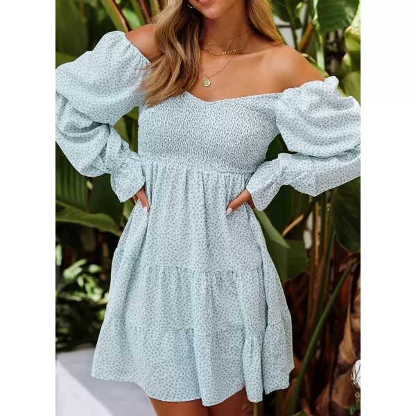 EVALESS Summer Dresses for Women 2022 Long Ruffle Sleeve V Neck Off Shoulder Elastic Waist Short Skater Casual Mini Dresses