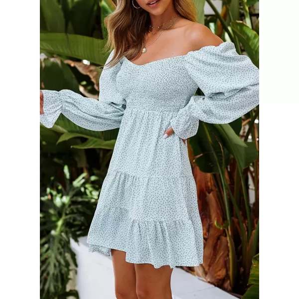 EVALESS Summer Dresses for Women 2022 Long Ruffle Sleeve V Neck Off Shoulder Elastic Waist Short Skater Casual Mini Dresses