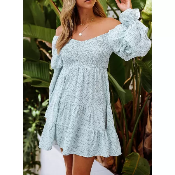EVALESS Summer Dresses for Women 2022 Long Ruffle Sleeve V Neck Off Shoulder Elastic Waist Short Skater Casual Mini Dresses