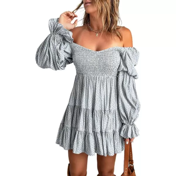 EVALESS Summer Dresses for Women 2022 Long Ruffle Sleeve V Neck Off Shoulder Elastic Waist Short Skater Casual Mini Dresses