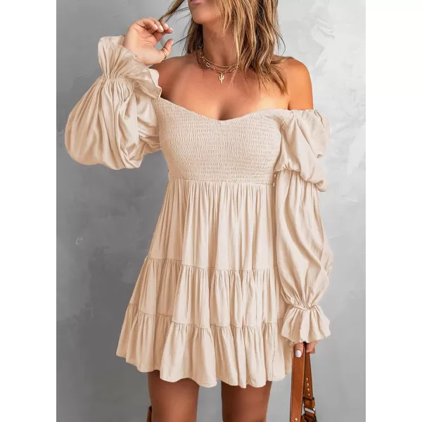 EVALESS Summer Dresses for Women 2022 Long Ruffle Sleeve V Neck Off Shoulder Elastic Waist Short Skater Casual Mini Dresses