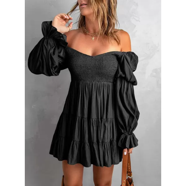 EVALESS Summer Dresses for Women 2022 Long Ruffle Sleeve V Neck Off Shoulder Elastic Waist Short Skater Casual Mini Dresses