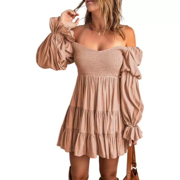 EVALESS Summer Dresses for Women 2022 Long Ruffle Sleeve V Neck Off Shoulder Elastic Waist Short Skater Casual Mini Dresses
