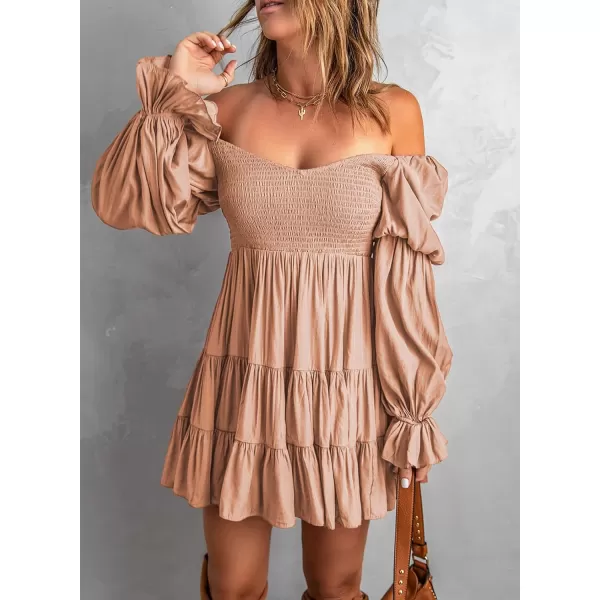 EVALESS Summer Dresses for Women 2022 Long Ruffle Sleeve V Neck Off Shoulder Elastic Waist Short Skater Casual Mini Dresses