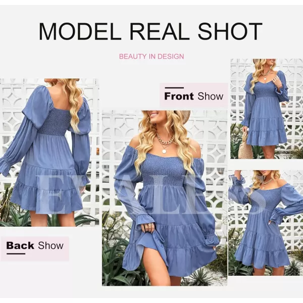 EVALESS Summer Dresses for Women 2022 Long Ruffle Sleeve V Neck Off Shoulder Elastic Waist Short Skater Casual Mini Dresses