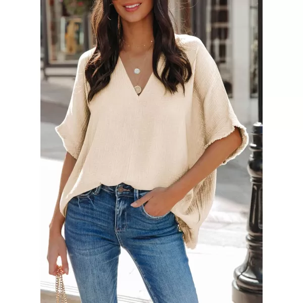Dokotoo Casual Womens Short Sleeve V Neck Shirts Oversized Solid Blouses Tops