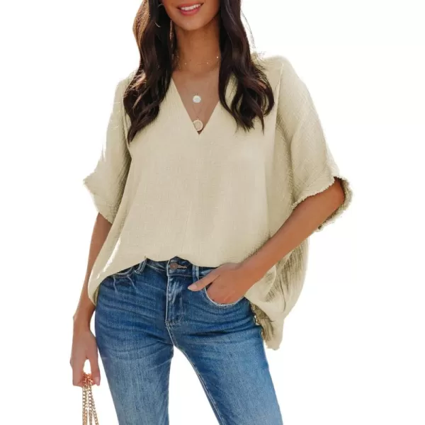 Dokotoo Casual Womens Short Sleeve V Neck Shirts Oversized Solid Blouses Tops