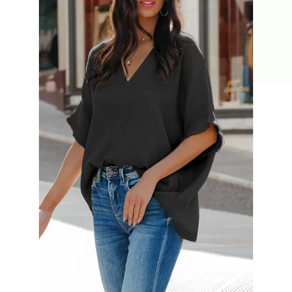 Dokotoo Casual Womens Short Sleeve V Neck Shirts Oversized Solid Blouses Tops