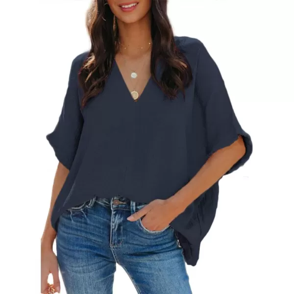 Dokotoo Casual Womens Short Sleeve V Neck Shirts Oversized Solid Blouses Tops