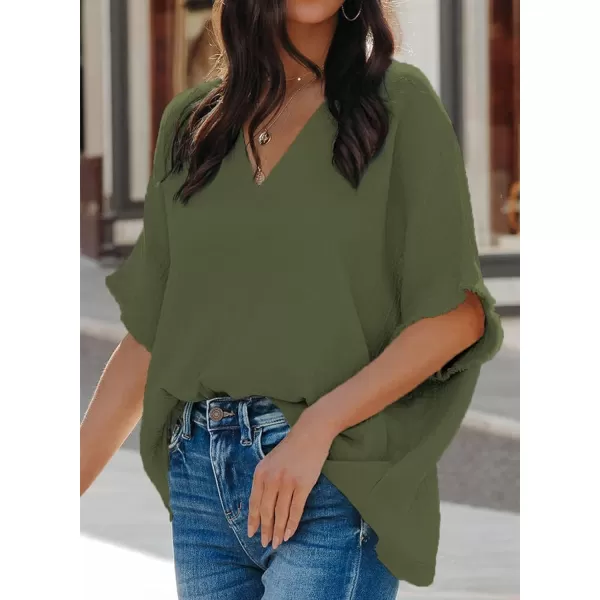 Dokotoo Casual Womens Short Sleeve V Neck Shirts Oversized Solid Blouses Tops