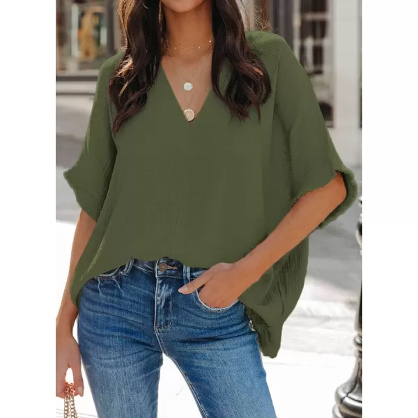 Dokotoo Casual Womens Short Sleeve V Neck Shirts Oversized Solid Blouses Tops