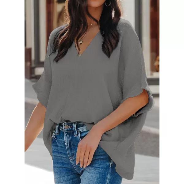 Dokotoo Casual Womens Short Sleeve V Neck Shirts Oversized Solid Blouses Tops