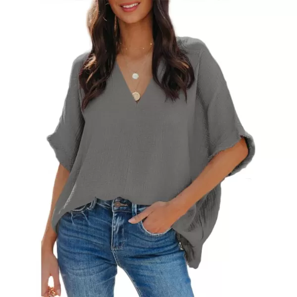 Dokotoo Casual Womens Short Sleeve V Neck Shirts Oversized Solid Blouses Tops