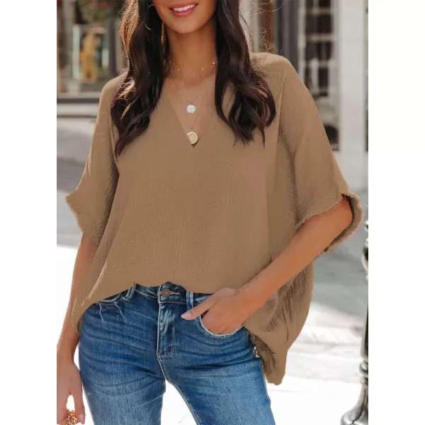 Dokotoo Casual Womens Short Sleeve V Neck Shirts Oversized Solid Blouses Tops