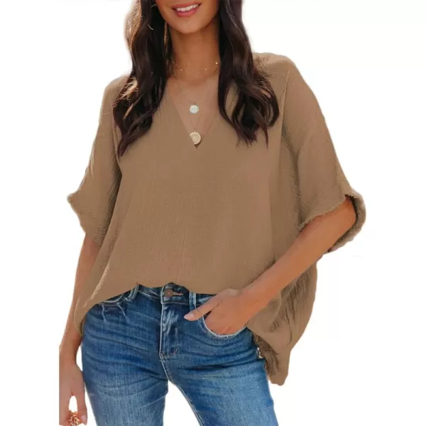 Dokotoo Casual Womens Short Sleeve V Neck Shirts Oversized Solid Blouses Tops