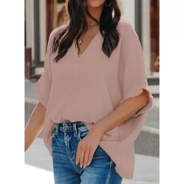 Dokotoo Casual Womens Short Sleeve V Neck Shirts Oversized Solid Blouses Tops