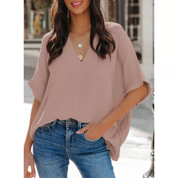 Dokotoo Casual Womens Short Sleeve V Neck Shirts Oversized Solid Blouses Tops