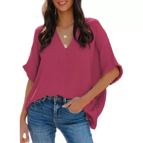 Dokotoo Casual Womens Short Sleeve V Neck Shirts Oversized Solid Blouses Tops