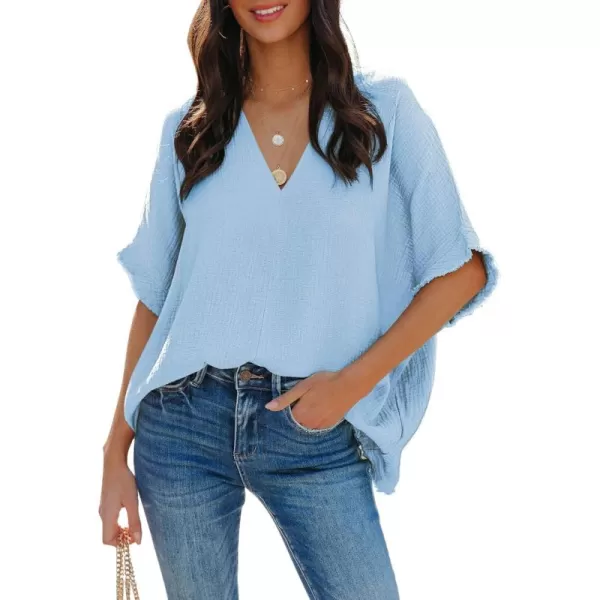 Dokotoo Casual Womens Short Sleeve V Neck Shirts Oversized Solid Blouses Tops