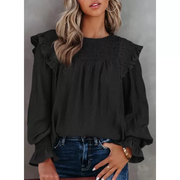 Dokotoo Casual Womens Tops Bubble Long Sleeve Crewneck Smocked Ruffle Shirts Blouses