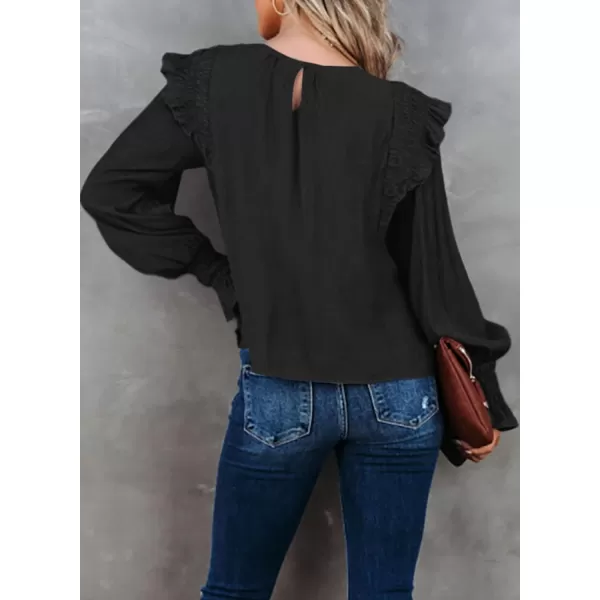Dokotoo Casual Womens Tops Bubble Long Sleeve Crewneck Smocked Ruffle Shirts Blouses