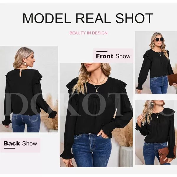 Dokotoo Casual Womens Tops Bubble Long Sleeve Crewneck Smocked Ruffle Shirts Blouses
