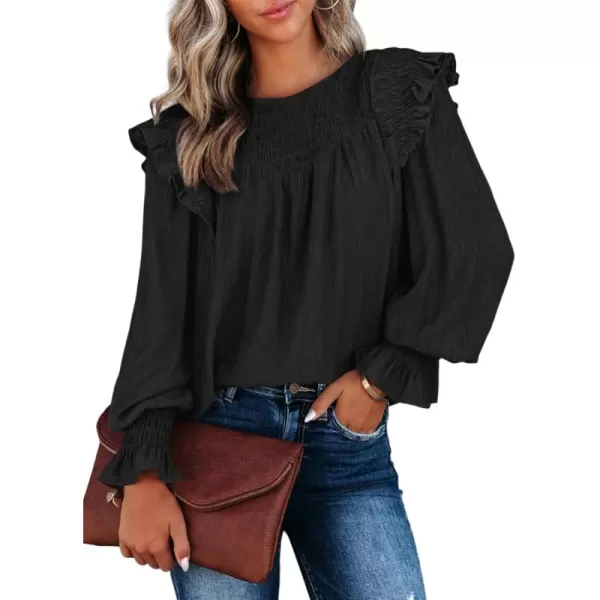 Dokotoo Casual Womens Tops Bubble Long Sleeve Crewneck Smocked Ruffle Shirts Blouses