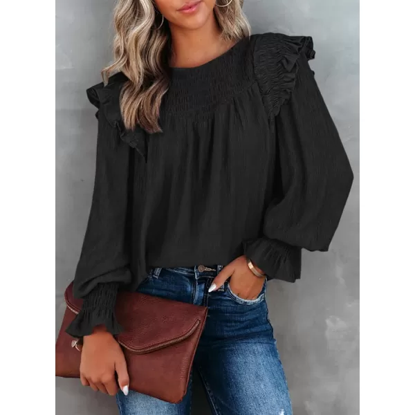 Dokotoo Casual Womens Tops Bubble Long Sleeve Crewneck Smocked Ruffle Shirts Blouses
