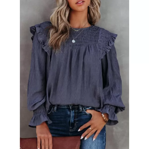 Dokotoo Casual Womens Tops Bubble Long Sleeve Crewneck Smocked Ruffle Shirts Blouses