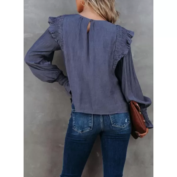 Dokotoo Casual Womens Tops Bubble Long Sleeve Crewneck Smocked Ruffle Shirts Blouses